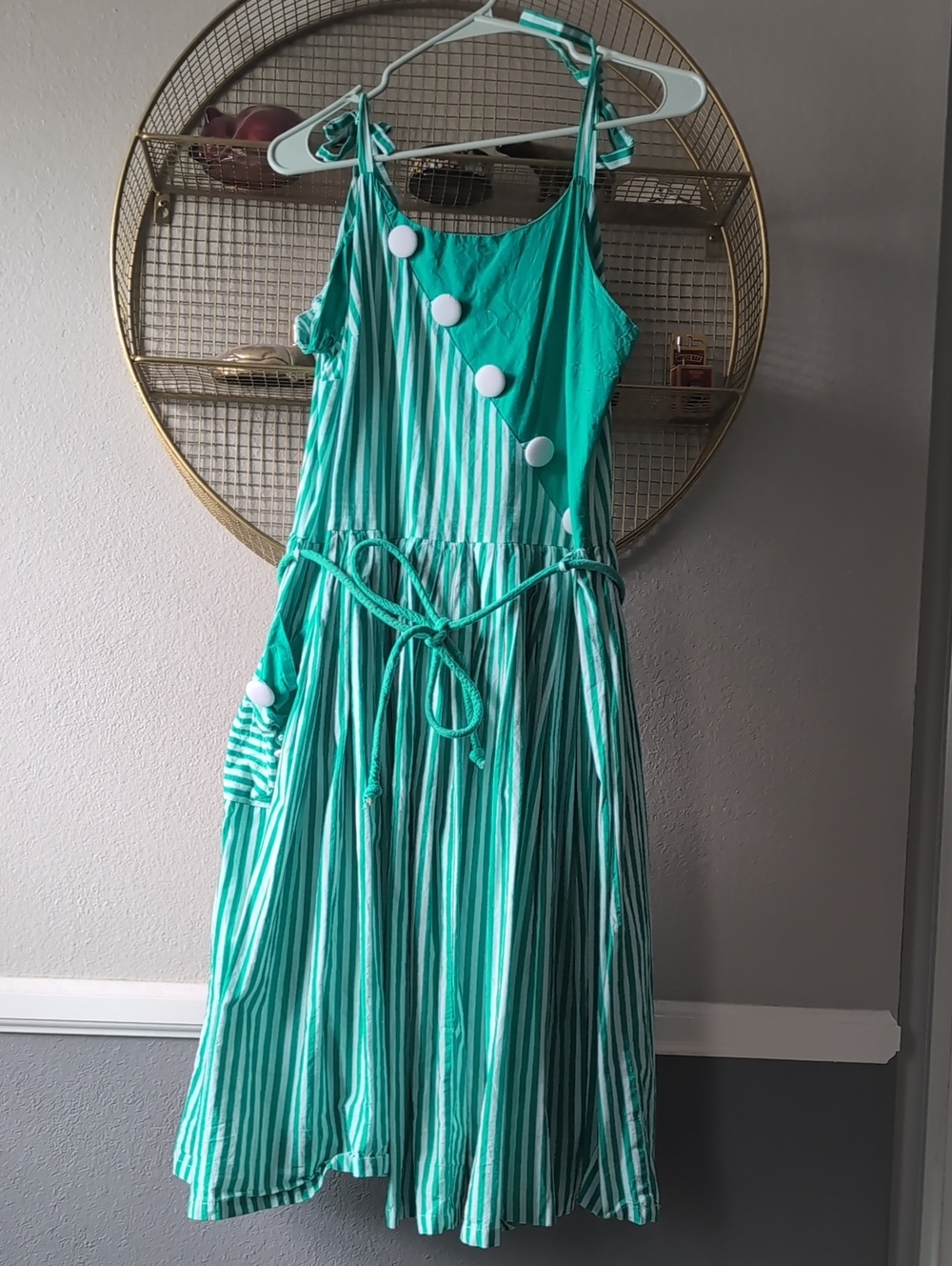 Unique Vintage Women's Hamilton Green Stripe Summer Dress with Buttons, XL